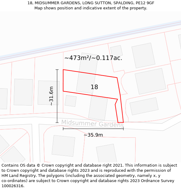 18, MIDSUMMER GARDENS, LONG SUTTON, SPALDING, PE12 9GF: Plot and title map