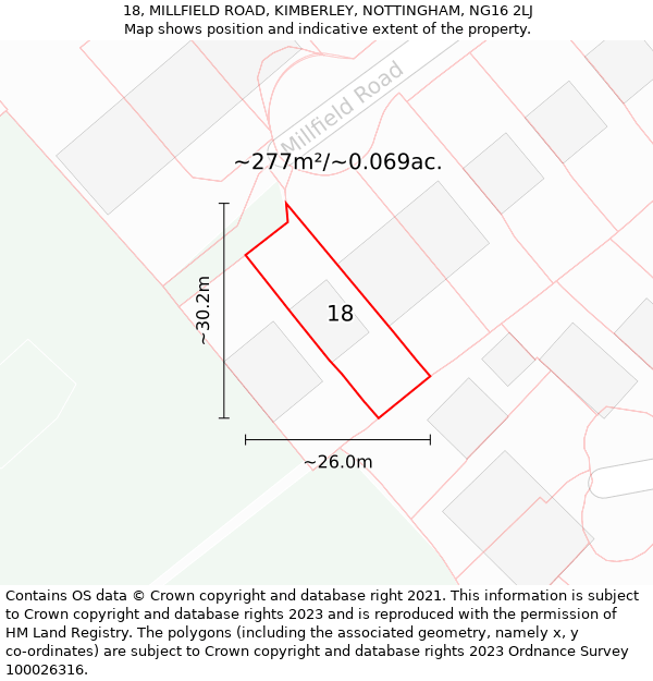 18, MILLFIELD ROAD, KIMBERLEY, NOTTINGHAM, NG16 2LJ: Plot and title map