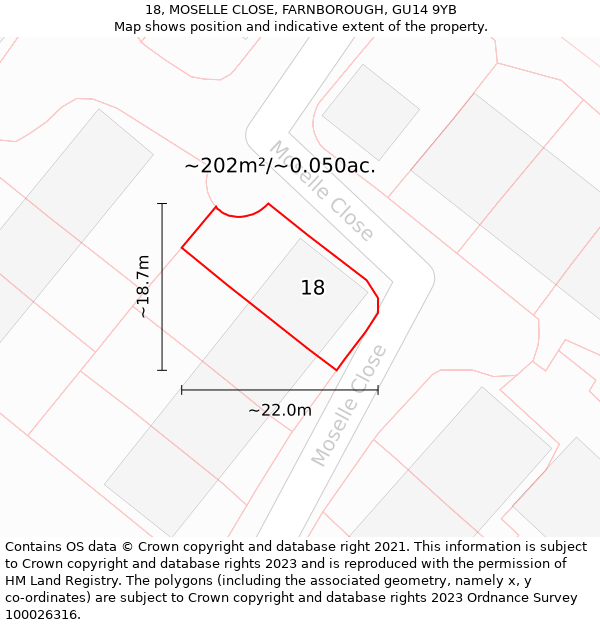 18, MOSELLE CLOSE, FARNBOROUGH, GU14 9YB: Plot and title map