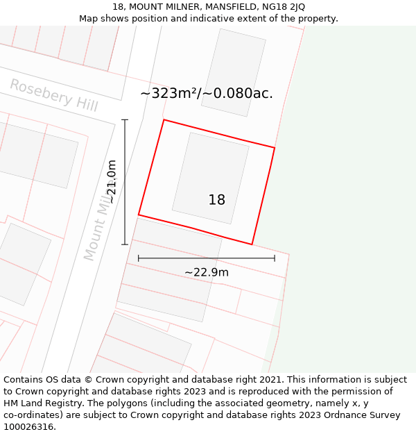 18, MOUNT MILNER, MANSFIELD, NG18 2JQ: Plot and title map