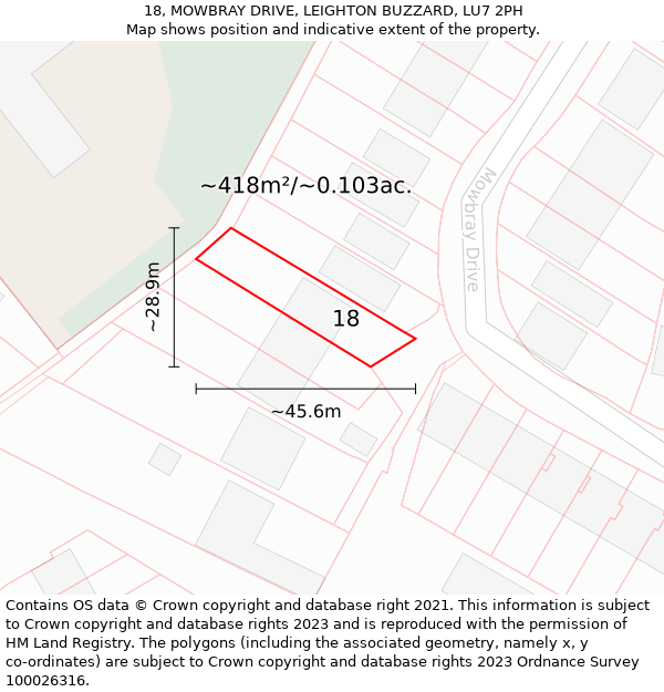 18, MOWBRAY DRIVE, LEIGHTON BUZZARD, LU7 2PH: Plot and title map