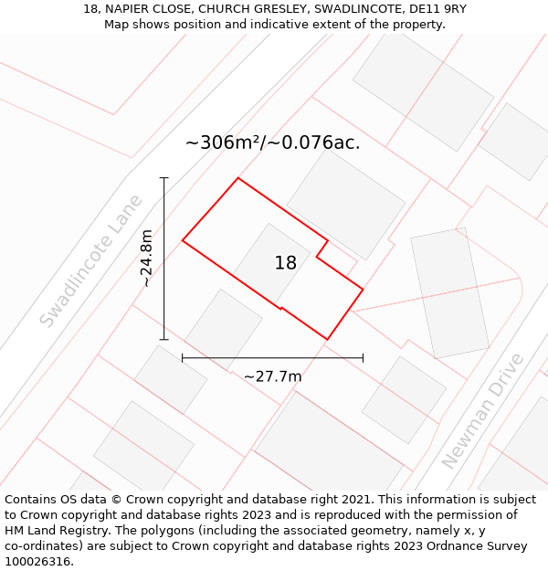 18, NAPIER CLOSE, CHURCH GRESLEY, SWADLINCOTE, DE11 9RY: Plot and title map