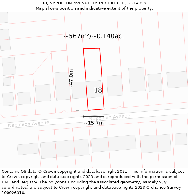 18, NAPOLEON AVENUE, FARNBOROUGH, GU14 8LY: Plot and title map