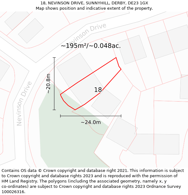 18, NEVINSON DRIVE, SUNNYHILL, DERBY, DE23 1GX: Plot and title map