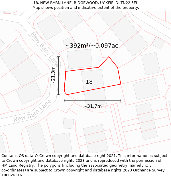 18, NEW BARN LANE, RIDGEWOOD, UCKFIELD, TN22 5EL: Plot and title map