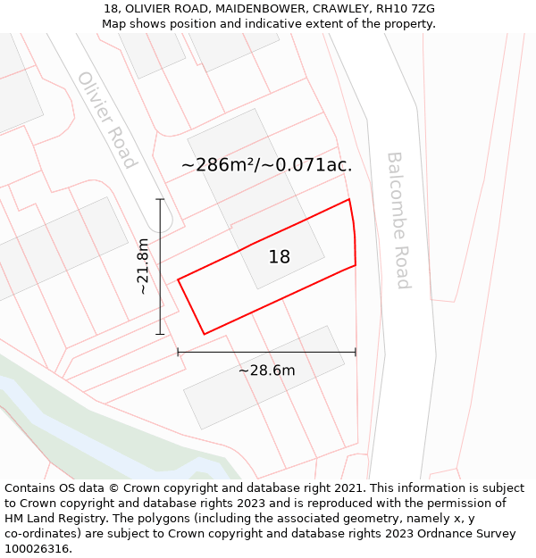 18, OLIVIER ROAD, MAIDENBOWER, CRAWLEY, RH10 7ZG: Plot and title map