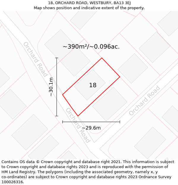 18, ORCHARD ROAD, WESTBURY, BA13 3EJ: Plot and title map