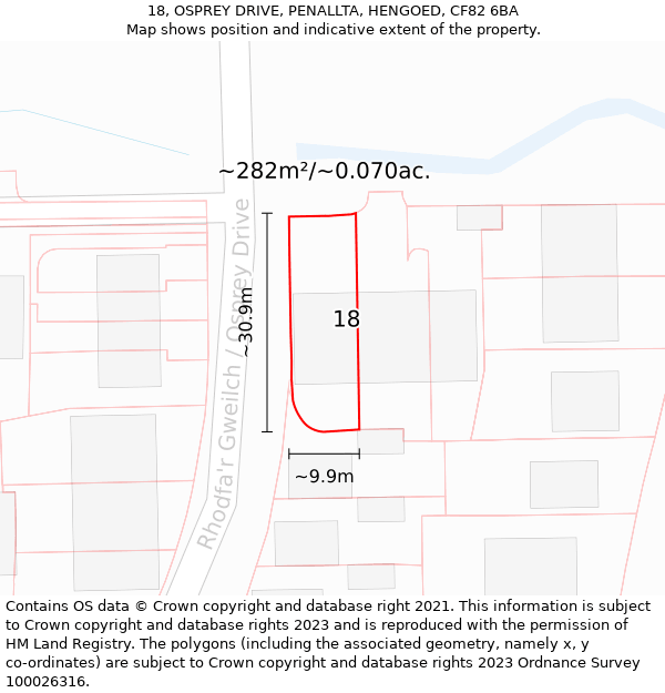 18, OSPREY DRIVE, PENALLTA, HENGOED, CF82 6BA: Plot and title map