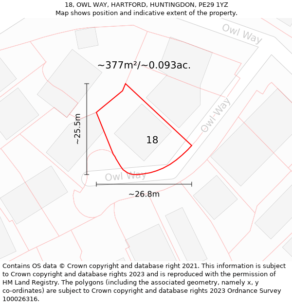 18, OWL WAY, HARTFORD, HUNTINGDON, PE29 1YZ: Plot and title map