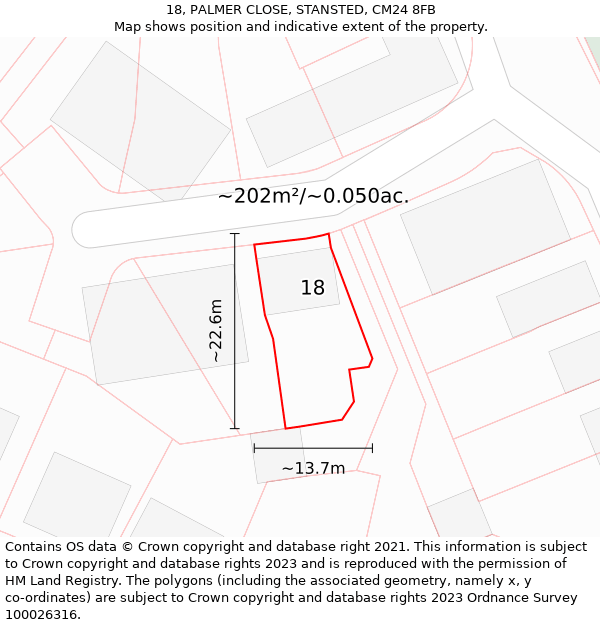 18, PALMER CLOSE, STANSTED, CM24 8FB: Plot and title map