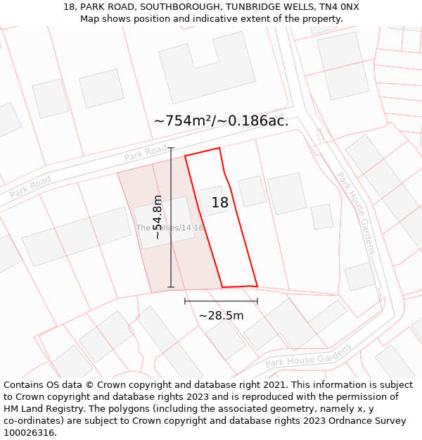 18, PARK ROAD, SOUTHBOROUGH, TUNBRIDGE WELLS, TN4 0NX: Plot and title map