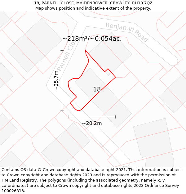 18, PARNELL CLOSE, MAIDENBOWER, CRAWLEY, RH10 7QZ: Plot and title map