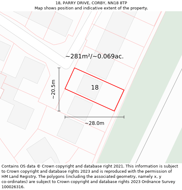 18, PARRY DRIVE, CORBY, NN18 8TP: Plot and title map