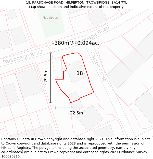 18, PARSONAGE ROAD, HILPERTON, TROWBRIDGE, BA14 7TL: Plot and title map