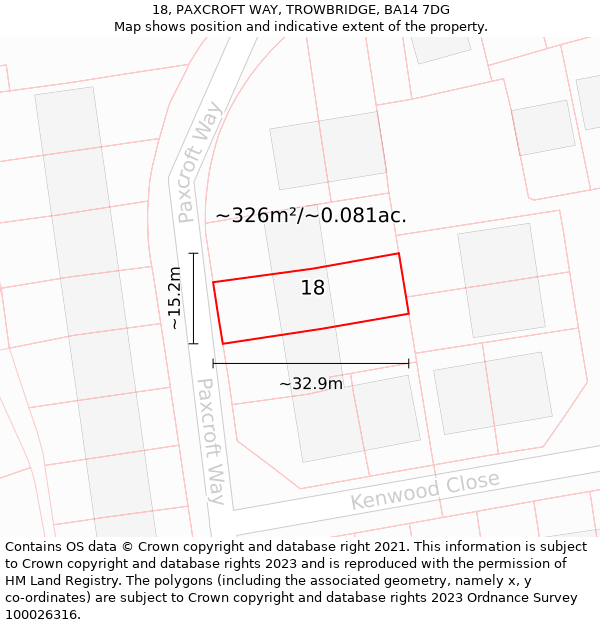 18, PAXCROFT WAY, TROWBRIDGE, BA14 7DG: Plot and title map