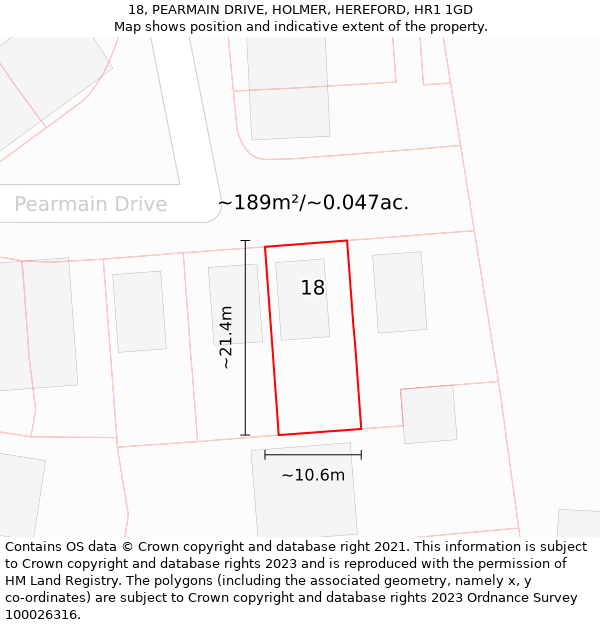 18, PEARMAIN DRIVE, HOLMER, HEREFORD, HR1 1GD: Plot and title map