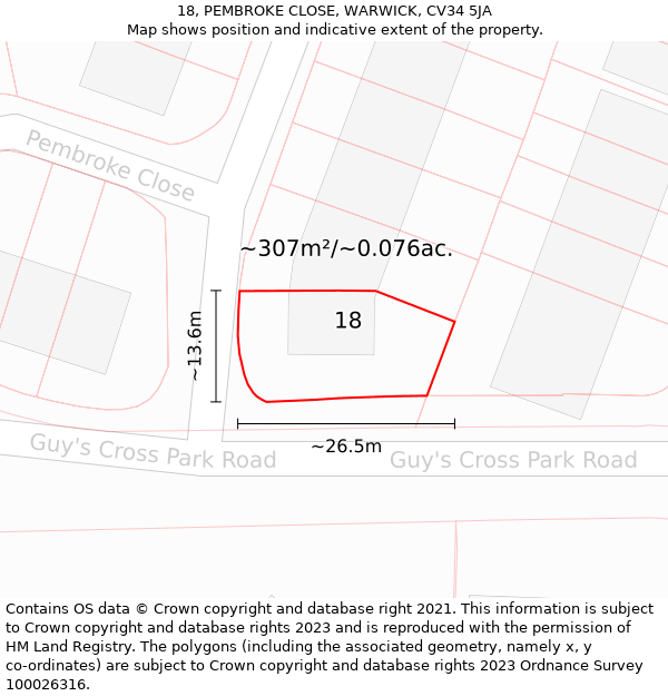 18, PEMBROKE CLOSE, WARWICK, CV34 5JA: Plot and title map