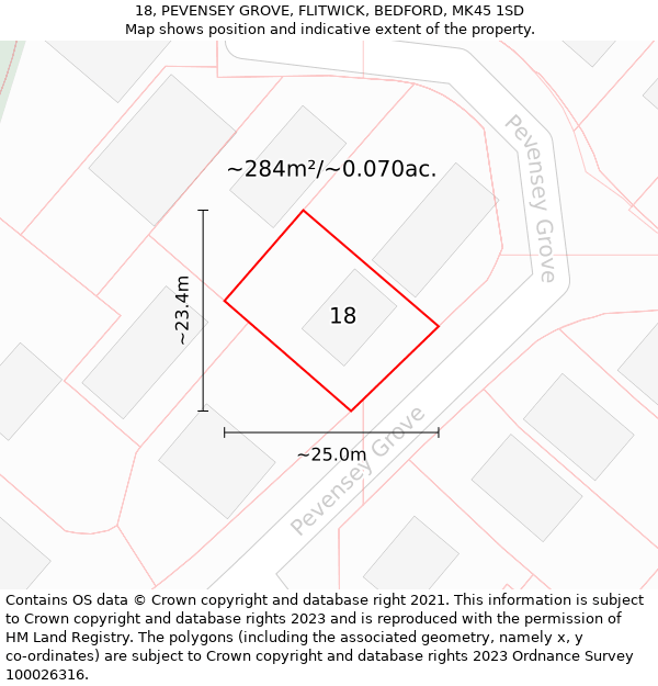 18, PEVENSEY GROVE, FLITWICK, BEDFORD, MK45 1SD: Plot and title map