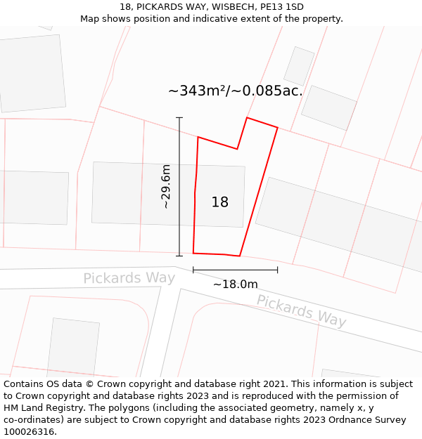 18, PICKARDS WAY, WISBECH, PE13 1SD: Plot and title map