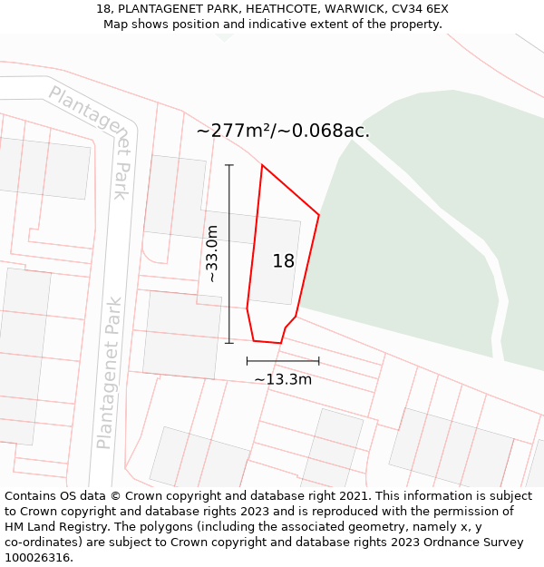 18, PLANTAGENET PARK, HEATHCOTE, WARWICK, CV34 6EX: Plot and title map