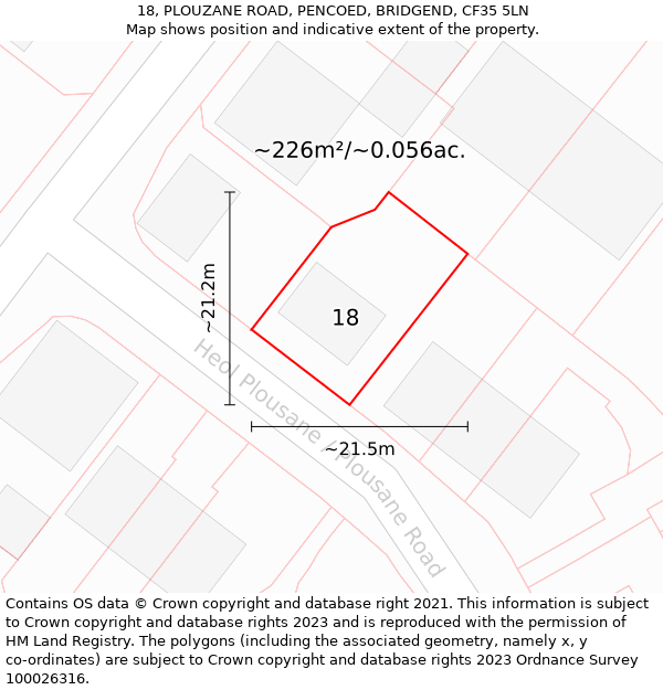 18, PLOUZANE ROAD, PENCOED, BRIDGEND, CF35 5LN: Plot and title map