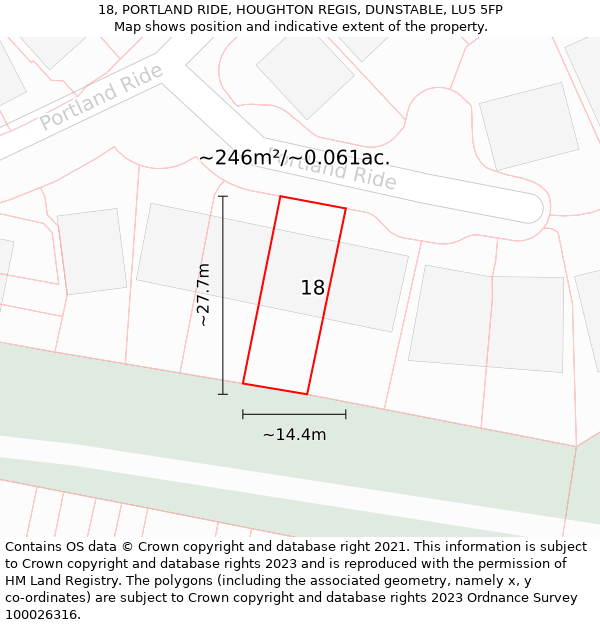 18, PORTLAND RIDE, HOUGHTON REGIS, DUNSTABLE, LU5 5FP: Plot and title map