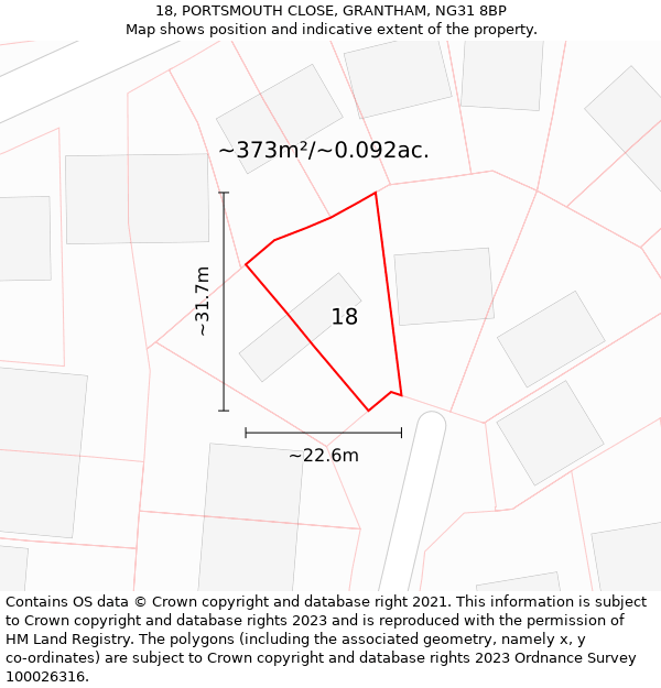 18, PORTSMOUTH CLOSE, GRANTHAM, NG31 8BP: Plot and title map