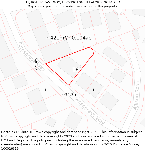 18, POTESGRAVE WAY, HECKINGTON, SLEAFORD, NG34 9UD: Plot and title map