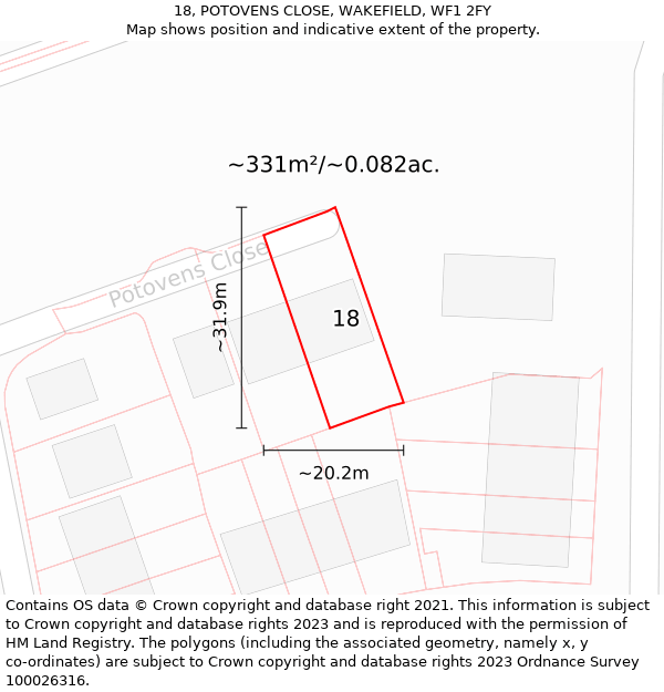 18, POTOVENS CLOSE, WAKEFIELD, WF1 2FY: Plot and title map