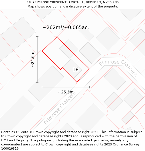 18, PRIMROSE CRESCENT, AMPTHILL, BEDFORD, MK45 2FD: Plot and title map