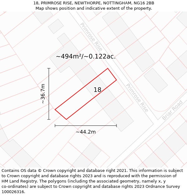 18, PRIMROSE RISE, NEWTHORPE, NOTTINGHAM, NG16 2BB: Plot and title map