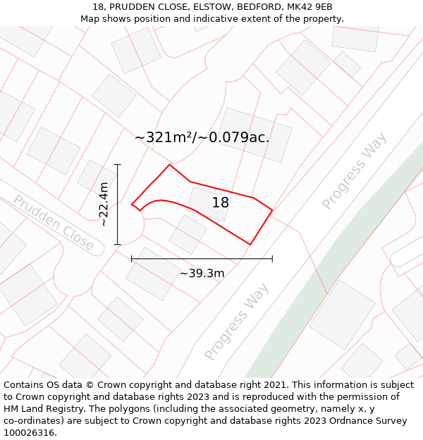 18, PRUDDEN CLOSE, ELSTOW, BEDFORD, MK42 9EB: Plot and title map