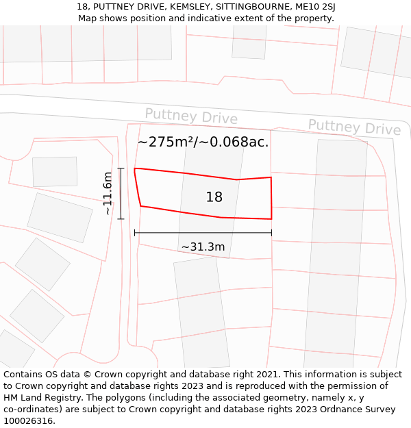 18, PUTTNEY DRIVE, KEMSLEY, SITTINGBOURNE, ME10 2SJ: Plot and title map