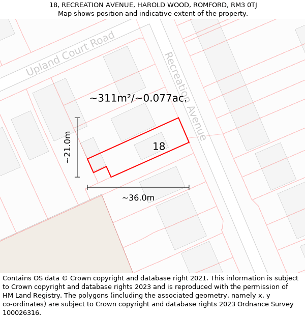 18, RECREATION AVENUE, HAROLD WOOD, ROMFORD, RM3 0TJ: Plot and title map