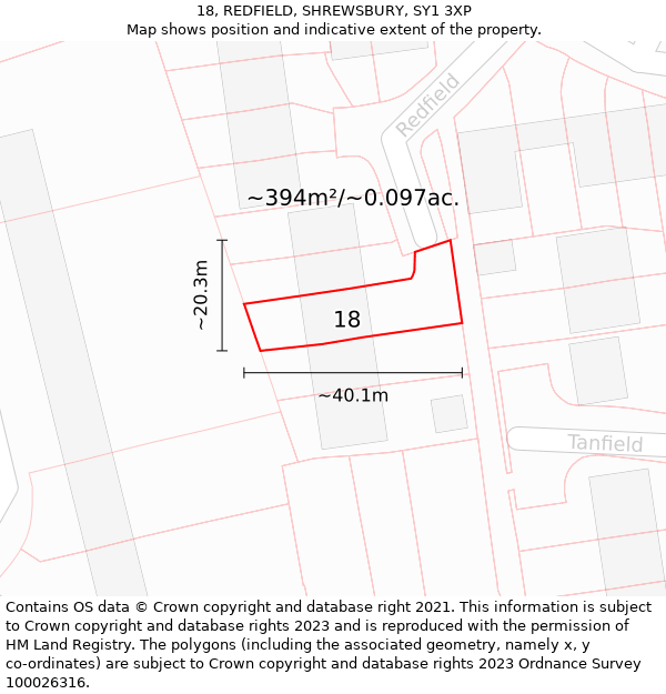 18, REDFIELD, SHREWSBURY, SY1 3XP: Plot and title map