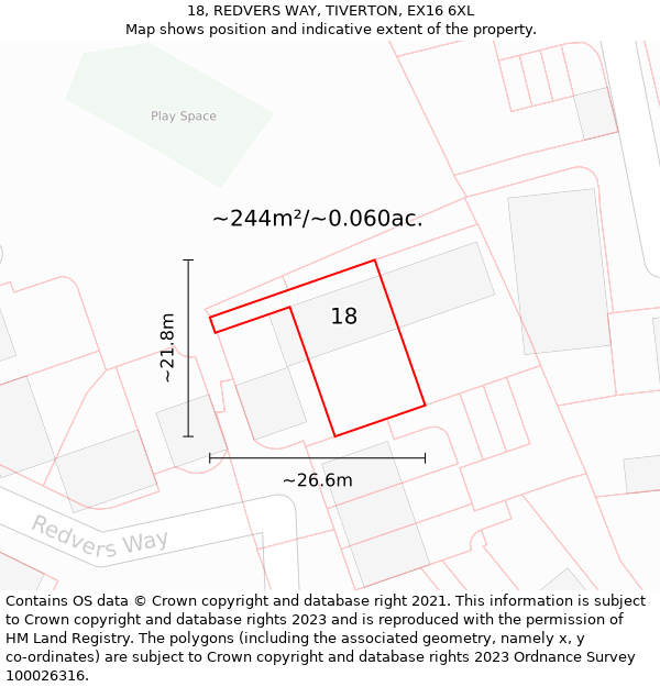 18, REDVERS WAY, TIVERTON, EX16 6XL: Plot and title map