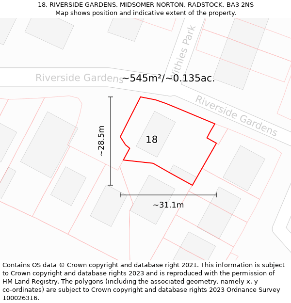 18, RIVERSIDE GARDENS, MIDSOMER NORTON, RADSTOCK, BA3 2NS: Plot and title map