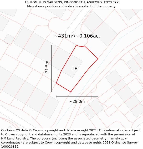 18, ROMULUS GARDENS, KINGSNORTH, ASHFORD, TN23 3PX: Plot and title map