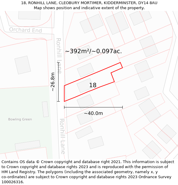 18, RONHILL LANE, CLEOBURY MORTIMER, KIDDERMINSTER, DY14 8AU: Plot and title map