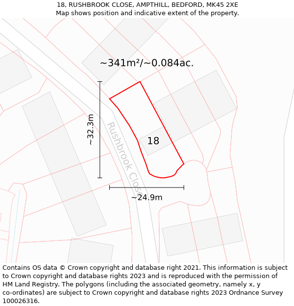 18, RUSHBROOK CLOSE, AMPTHILL, BEDFORD, MK45 2XE: Plot and title map