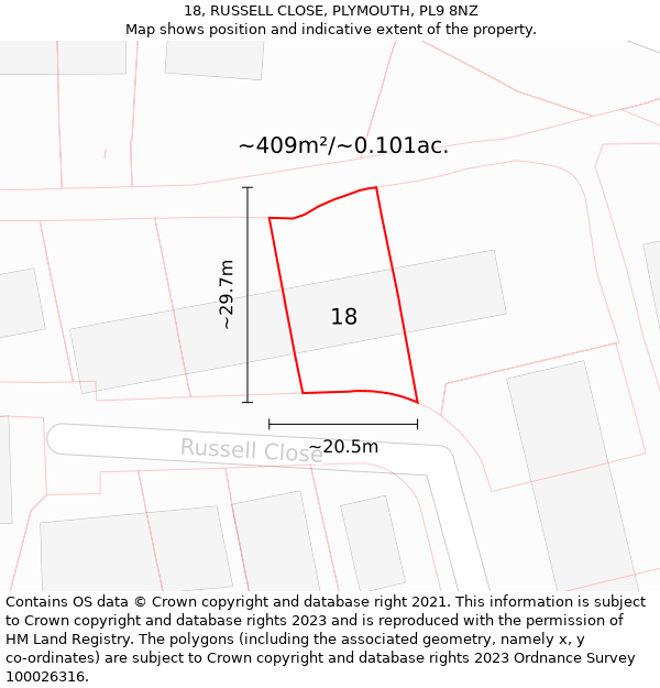 18, RUSSELL CLOSE, PLYMOUTH, PL9 8NZ: Plot and title map