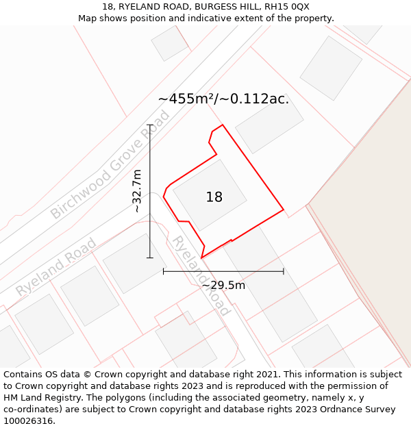 18, RYELAND ROAD, BURGESS HILL, RH15 0QX: Plot and title map