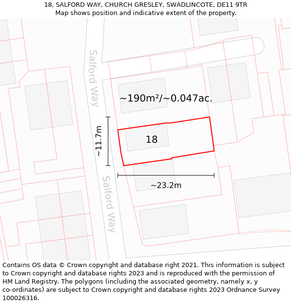 18, SALFORD WAY, CHURCH GRESLEY, SWADLINCOTE, DE11 9TR: Plot and title map