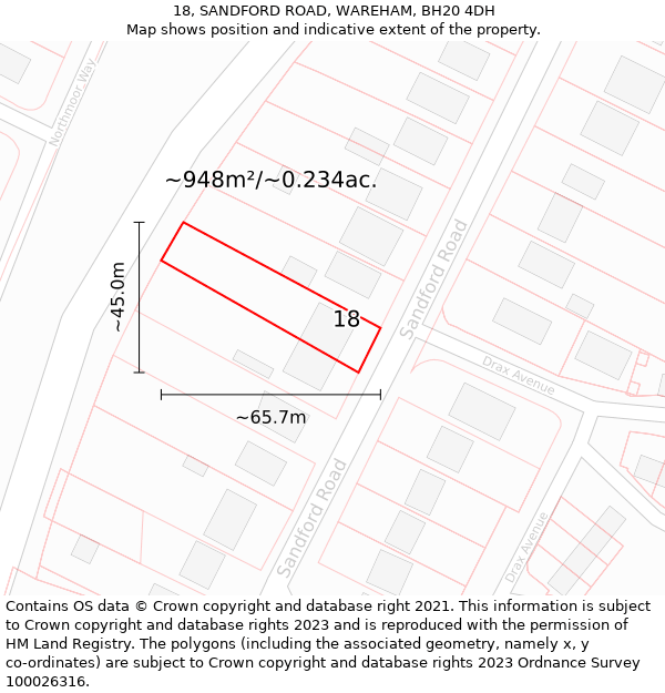 18, SANDFORD ROAD, WAREHAM, BH20 4DH: Plot and title map