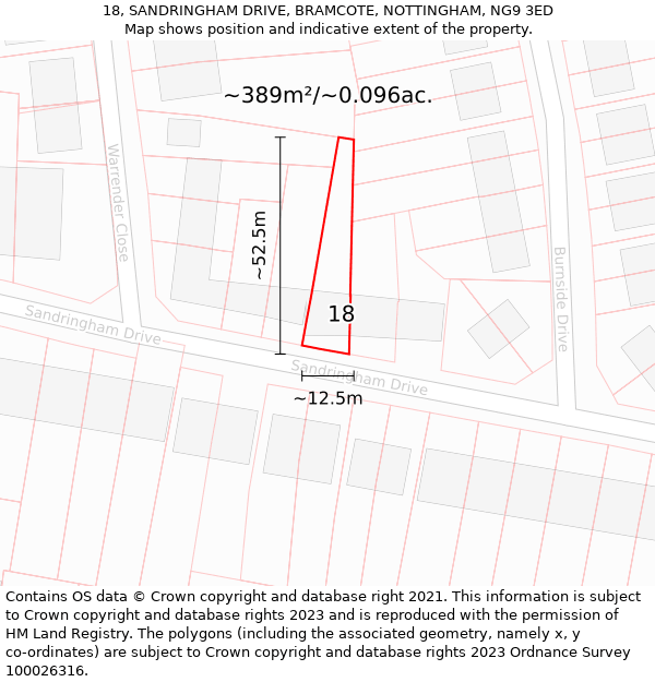 18, SANDRINGHAM DRIVE, BRAMCOTE, NOTTINGHAM, NG9 3ED: Plot and title map