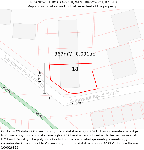 18, SANDWELL ROAD NORTH, WEST BROMWICH, B71 4JB: Plot and title map