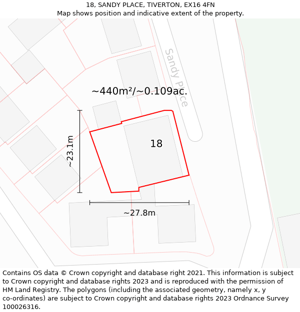 18, SANDY PLACE, TIVERTON, EX16 4FN: Plot and title map