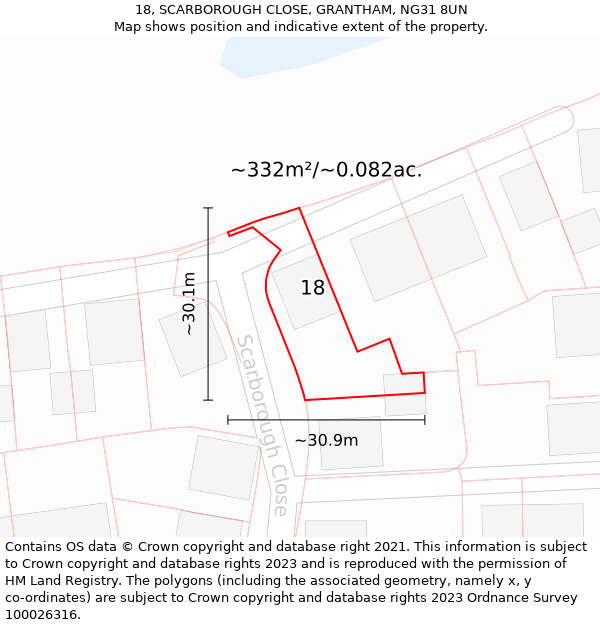 18, SCARBOROUGH CLOSE, GRANTHAM, NG31 8UN: Plot and title map