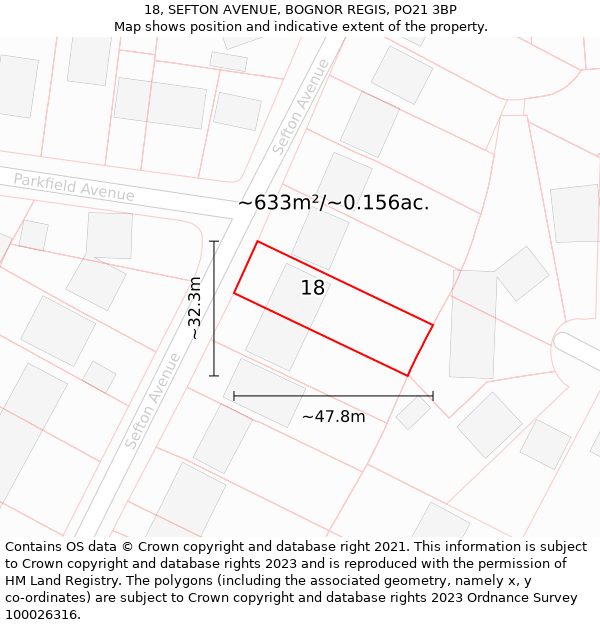 18, SEFTON AVENUE, BOGNOR REGIS, PO21 3BP: Plot and title map