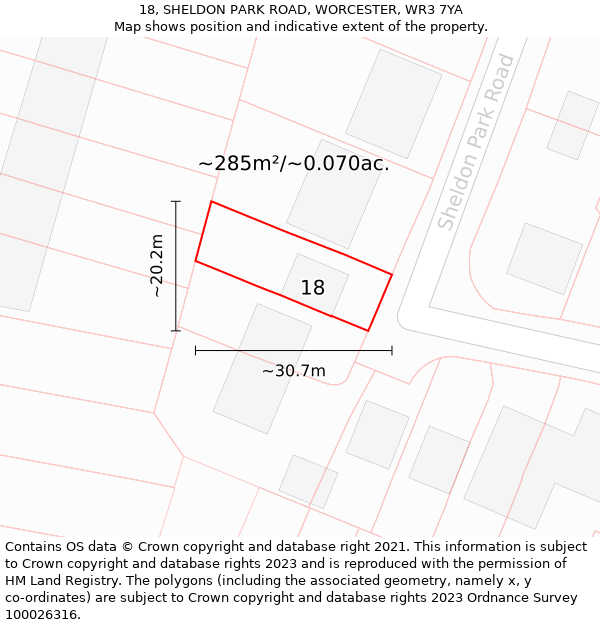 18, SHELDON PARK ROAD, WORCESTER, WR3 7YA: Plot and title map